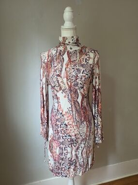 Free People All Dolled Up Cream Paisley Mock-Neck Long Sleeve Dress
